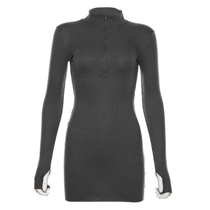 Stretch Ribbed Knitted Turtleneck Mini Dress