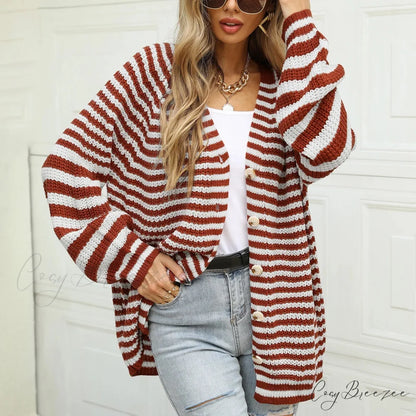 Autumn Winter Warm Casual Knitted Long Sleeve Cardigan Christmas Sweater Brown / S