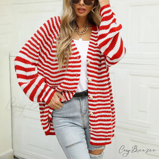 Autumn Winter Warm Casual Knitted Long Sleeve Cardigan Christmas Sweater Red / S