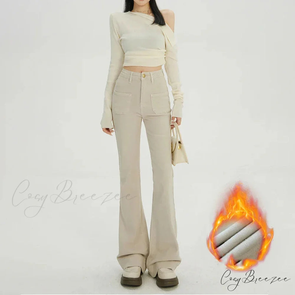 Autumn Winter Warm Flare Slim Lady Thermal Casual Tights Thicken Fleece Wide Leg Denim Jean Apricot / XS
