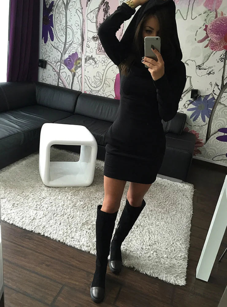 Autumn Winter Warm Long Sleeve Party Club Solid Dress S / Black