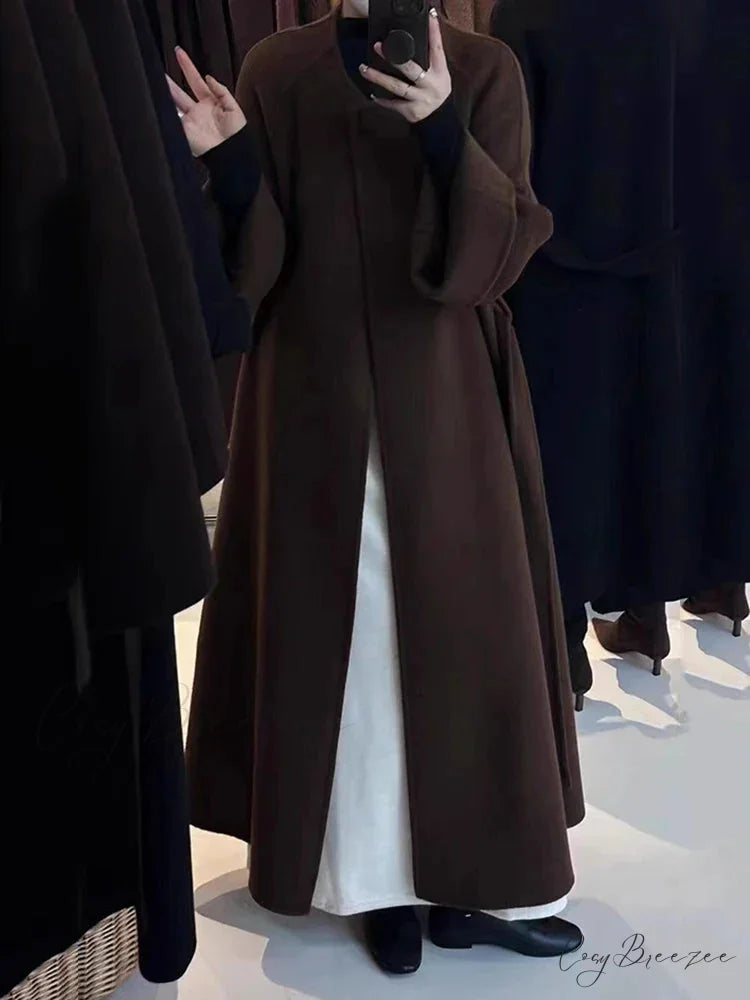 Autumn Winter Wool Belt Lace-Up Coat overcoats-241228