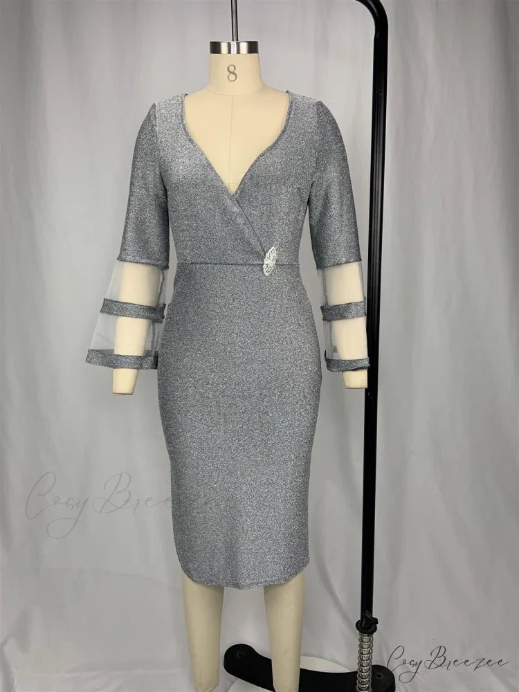 Autumn Women Party Silk Gown Elegant Mesh V - Size Arm Neck for Plus Club Evening Outfit Bright Wedding 8XL