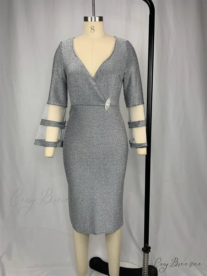 Autumn Women Party Silk Gown Elegant Mesh V - Size Arm Neck for Plus Club Evening Outfit Bright Wedding 8XL