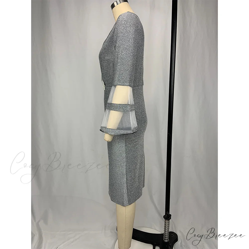 Autumn Women Party Silk Gown Elegant Mesh V - Size Arm Neck for Plus Club Evening Outfit Bright Wedding 8XL