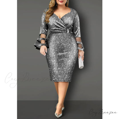 Autumn Women Party Silk Gown Elegant Mesh V - Size Arm Neck for Plus Club Evening Outfit Bright Wedding 8XL Silver / S