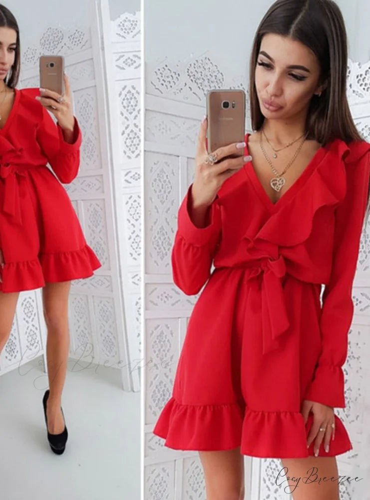 Autumn Women’s Dress with Solid Color Ruffles and Sashes S / Red