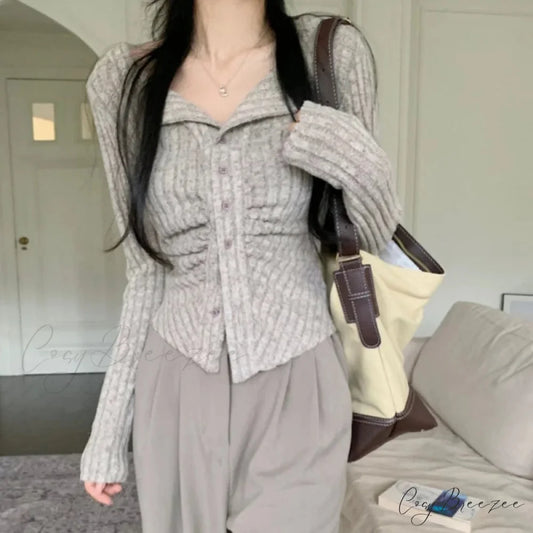 Autumn Y2k Knit V Lapel Long Sleeve Vintage Korean Cardigan GRAY / S