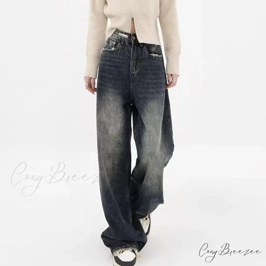 Autumnal American Retro Leopard Print Niche Design Casual Straight Wide-Leg Pants Jean Retro Blue / S
