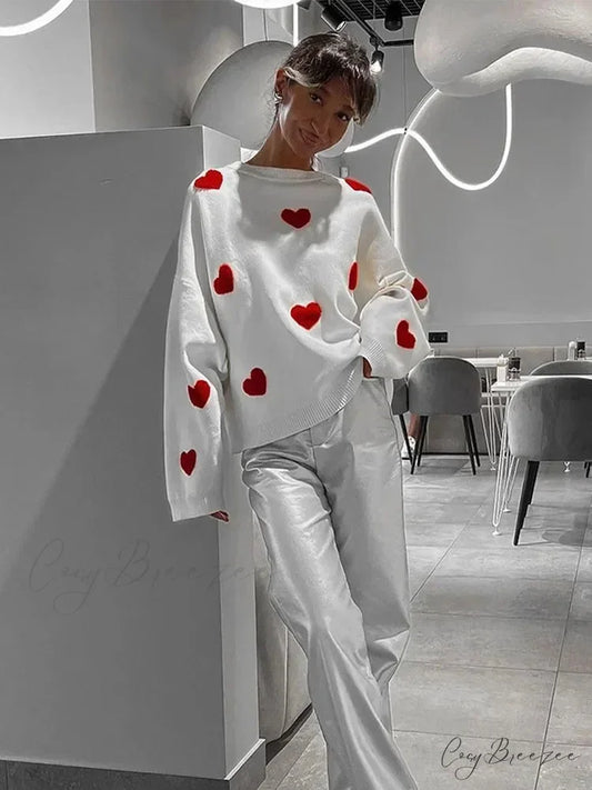 Autumnal Oversized Cozy Heart-printed Casual Comfortable Thickened Long Sleeve Warm Sweater