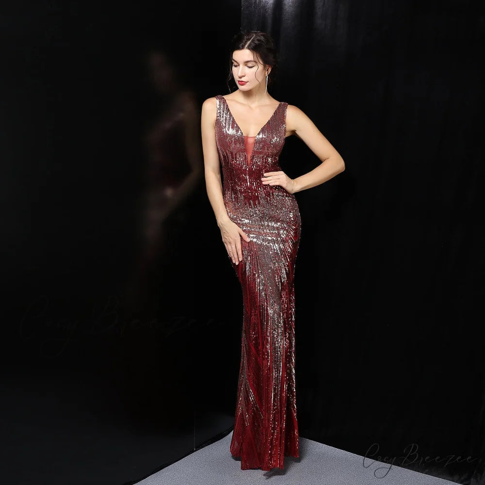 Ava Colorful Stylish Sequin Formal Dress BURGUNDY / XS