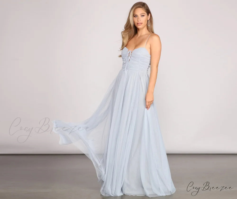 Aviva Formal A-Line Charming High Slit Dress BLUE / S