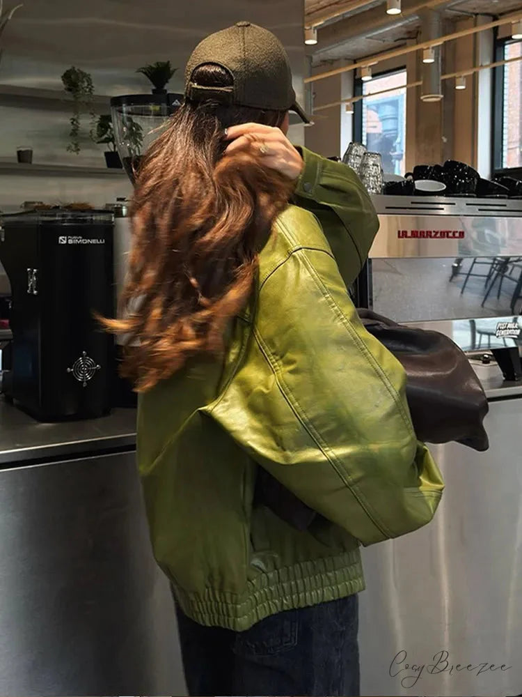 Avocado Green Single Breasted Leather Coat coats-241228