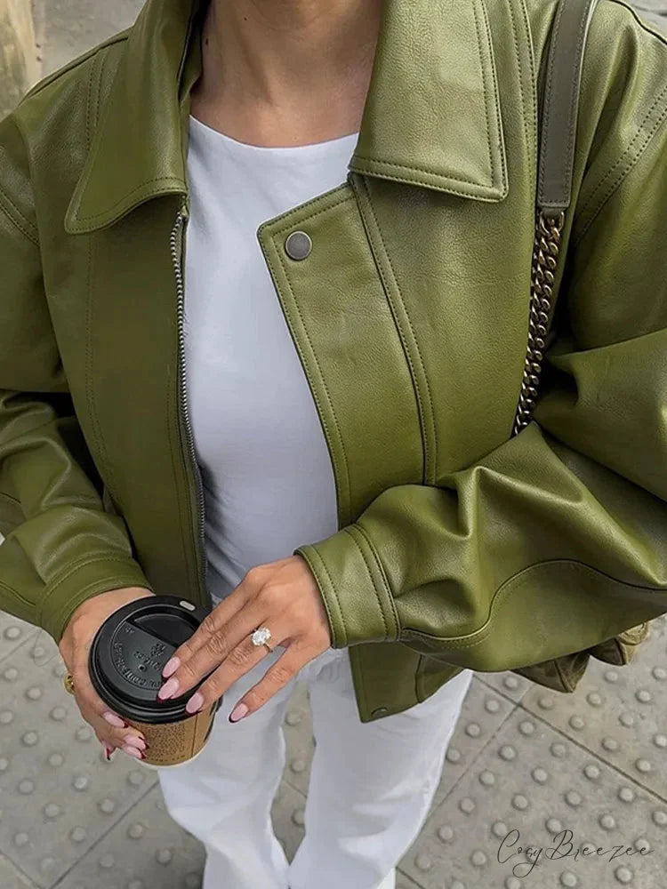 Avocado Green Single Breasted Leather Coat coats-241228