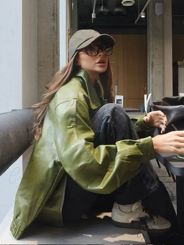 Avocado Green Single Breasted Leather Coat coats-241228