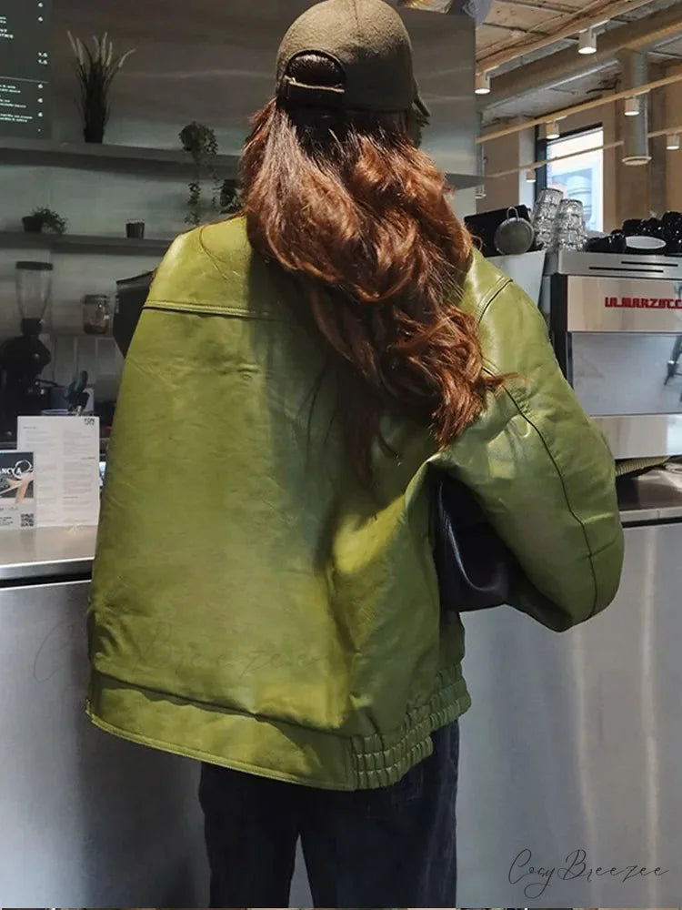 Avocado Green Single Breasted Leather Coat coats-241228