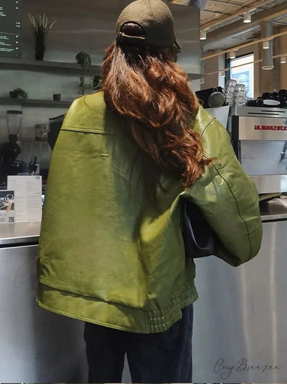 Avocado Green Single Breasted Leather Coat coats-241228