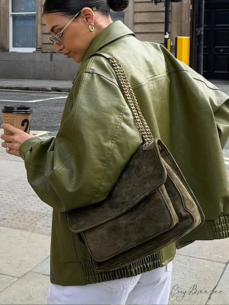 Avocado Green Single Breasted Leather Coat coats-241228