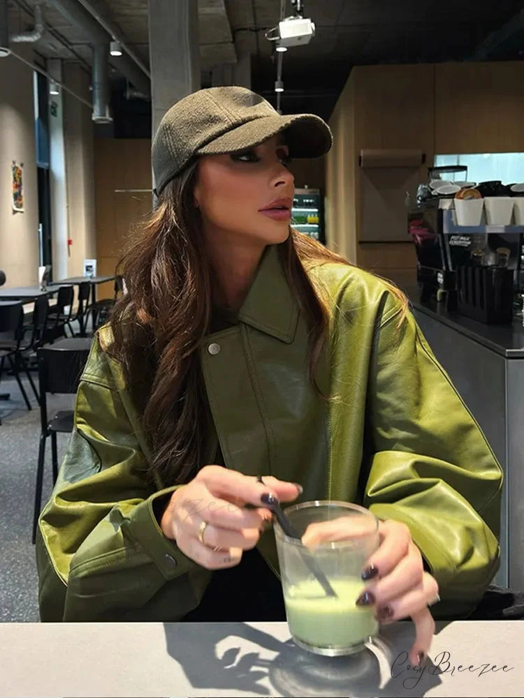 Avocado Green Single Breasted Leather Coat Green / S coats-241228