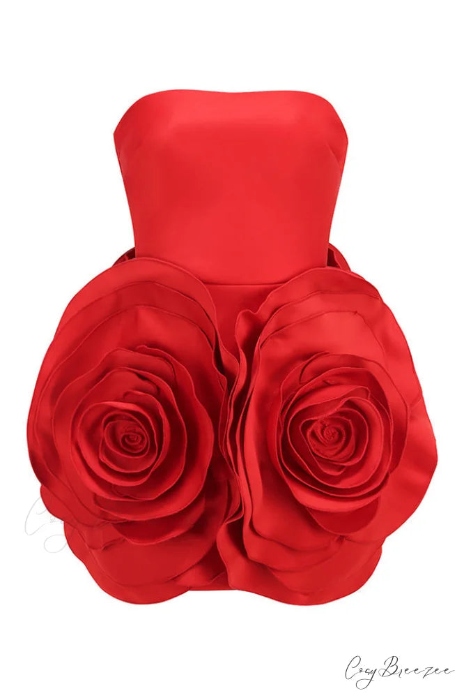 Ayat Strapless Stylish Flower Mini Dress XS / Red