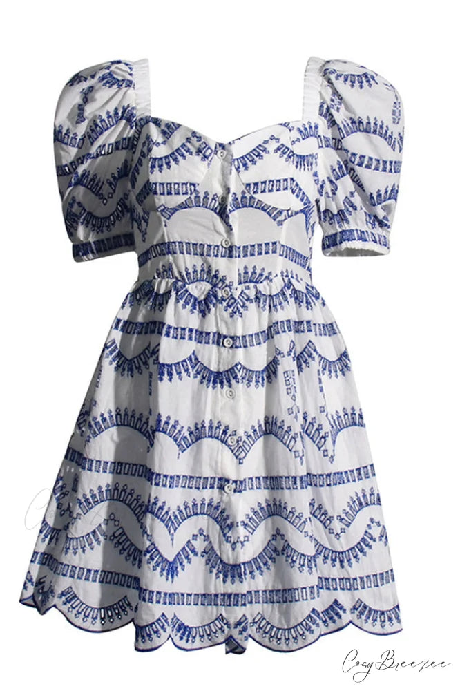 Ayiak Elegant Short Dress S / Blue White Samoa