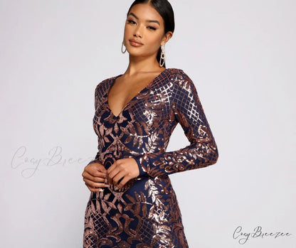 Ayla Formal Long Charming Sleeve Sequin Scroll Dress