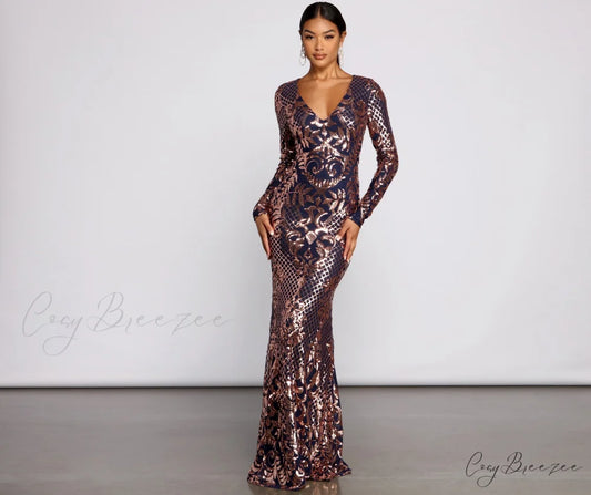 Ayla Formal Long Charming Sleeve Sequin Scroll Dress NAVY / XS