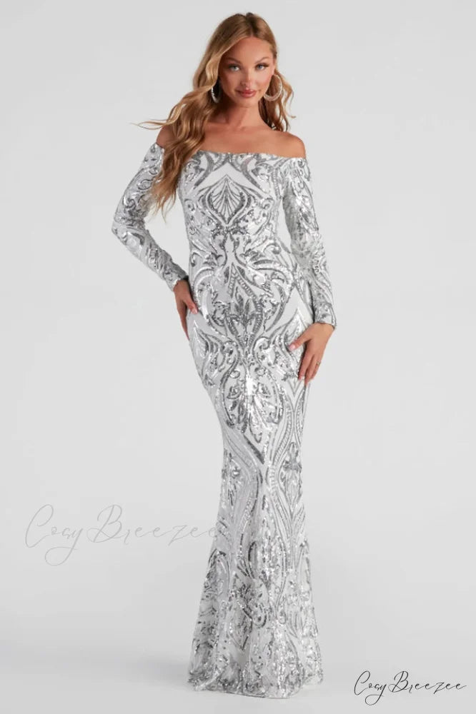 Azalea Formal Stylish Sequin Scroll Dress S / Silver