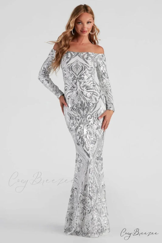 Azalea Formal Stylish Sequin Scroll Dress S / Silver