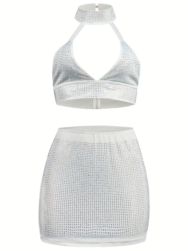 Silver Halter Mini Dress with Crystals