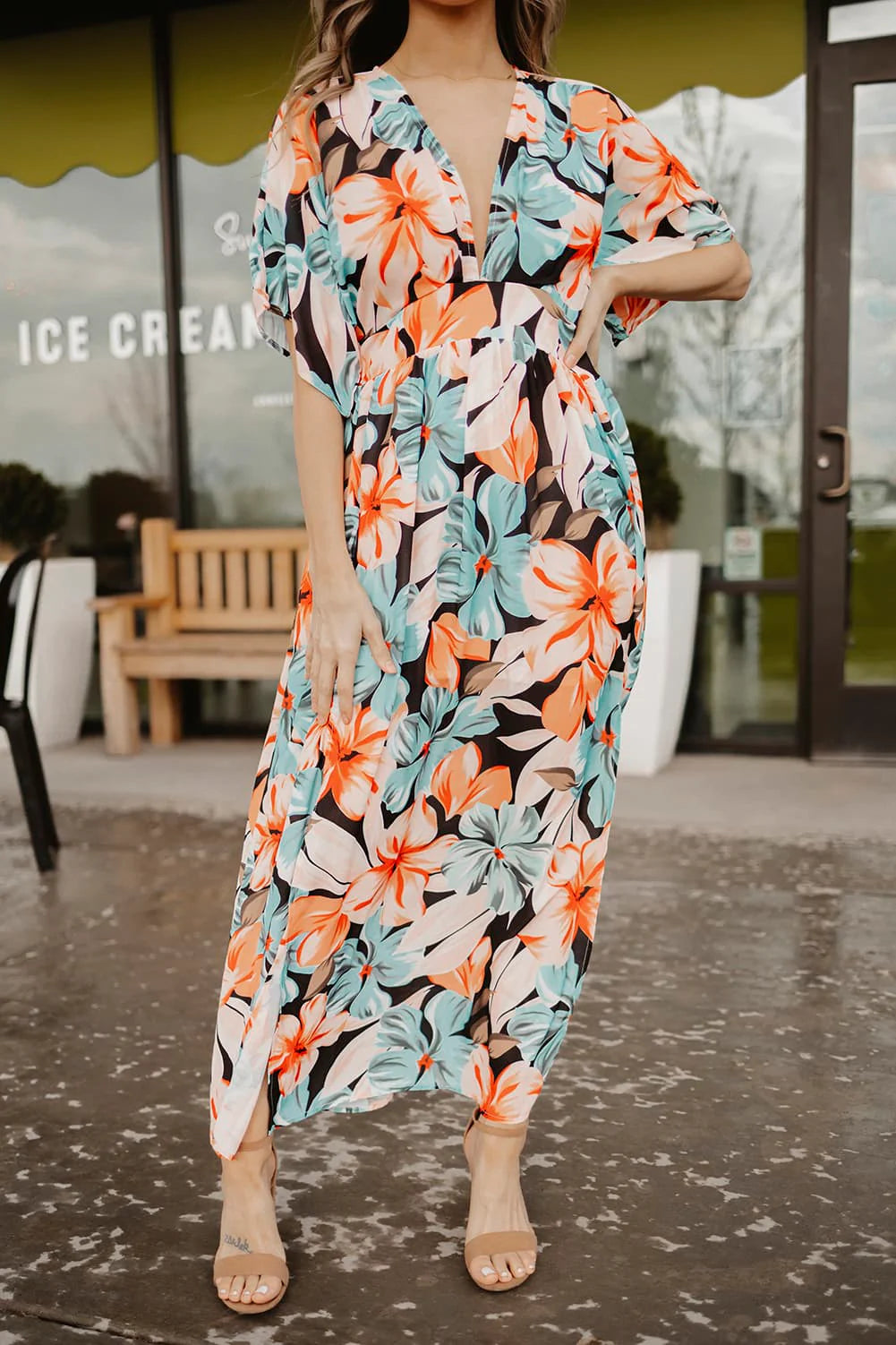 V Neck Print Cap Sleeve Slit Maxi Dress