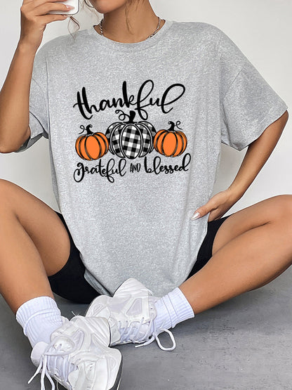 with Fall Graphic T-Shirt Neck Thanksgiving Round Season and Brief Sleeves