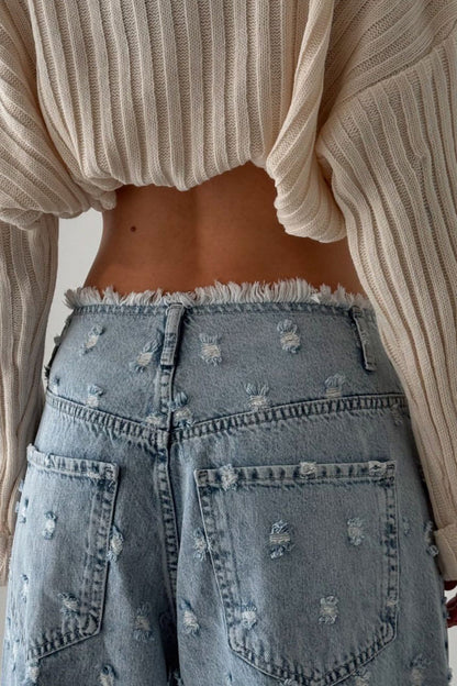 Distressed Raw Hem Waist Loose Jean