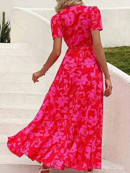 Red Floral V-Neck Short Sleeve Maxi Dress with Belt