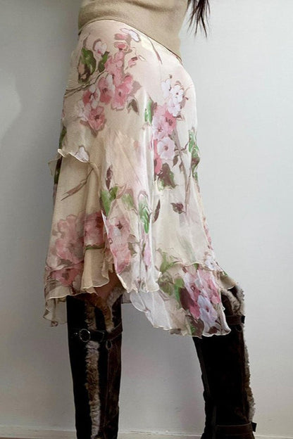 Color-Blocked Floral Print Bodycon Midi Skirt