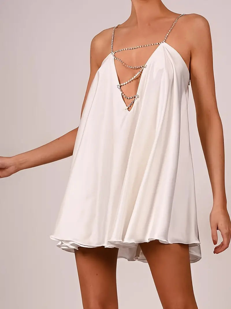 White Beading Pleated Backless Mini Dress