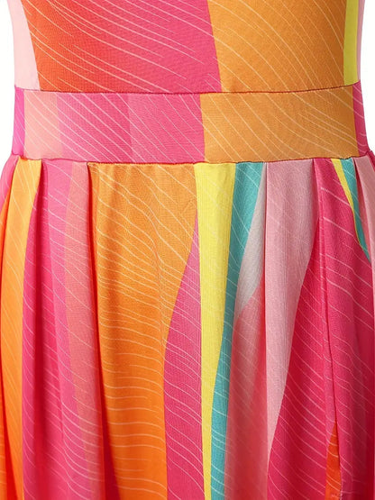 Rainbow High Slit Maxi Dress with One Shoulder