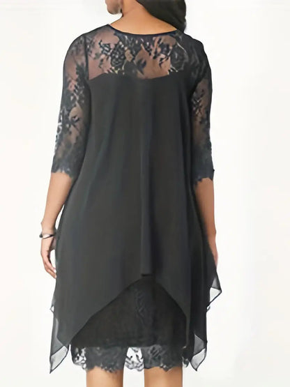 Black Lace Crew Neck Summer Dress with 3/4 Sleeves