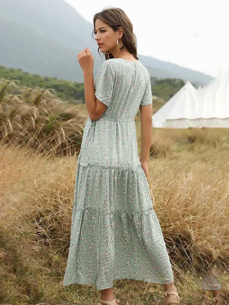 Bohemian Dress with Flower Print - Ankle-Length