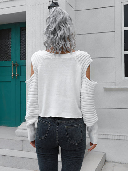 Ribbed Trim Cold-Shoulder Sweater