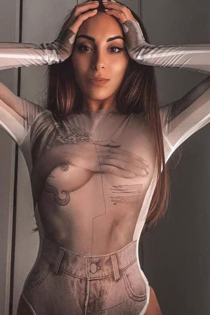 Sheer Mesh Print Bodysuit Knit Top