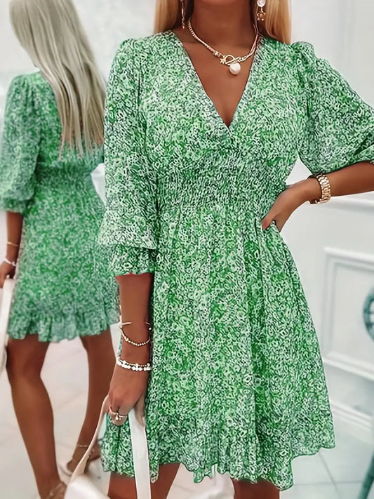 Boho Dress with Green Puff Sleeves and Floral Print