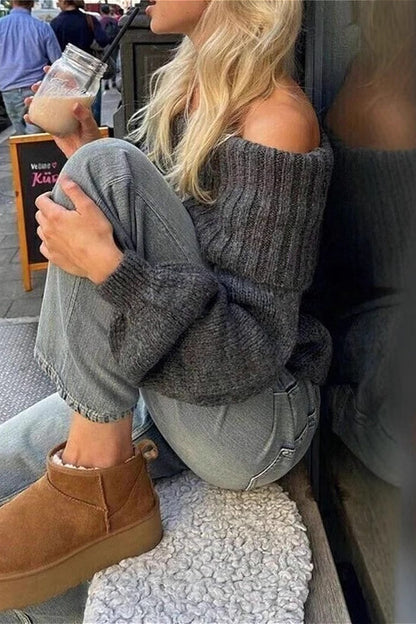 Vintage Off-Shoulder Fitted Long Sleeve Sweater