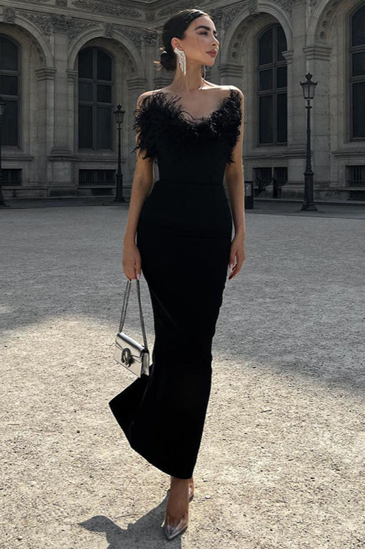 Strapless V-Neck Feathered Mermaid Party  Dress