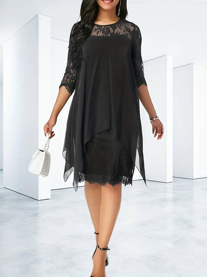 Black Lace Crew Neck Summer Dress with 3/4 Sleeves