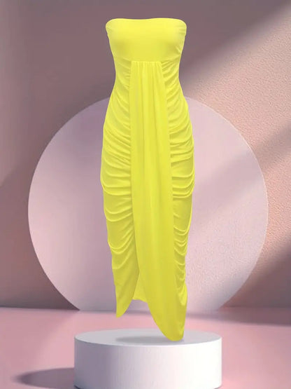 Yellow Strapless Ruched Bodycon Dress with Slit