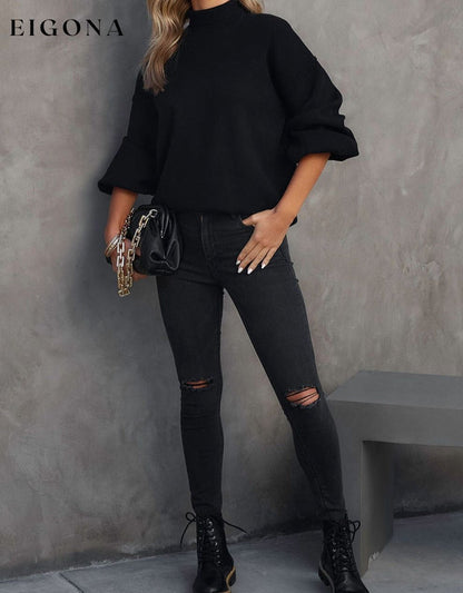 Cosybreezee - Black Turtleneck Drop Shoulder Bubble Sleeve Knit Sweater