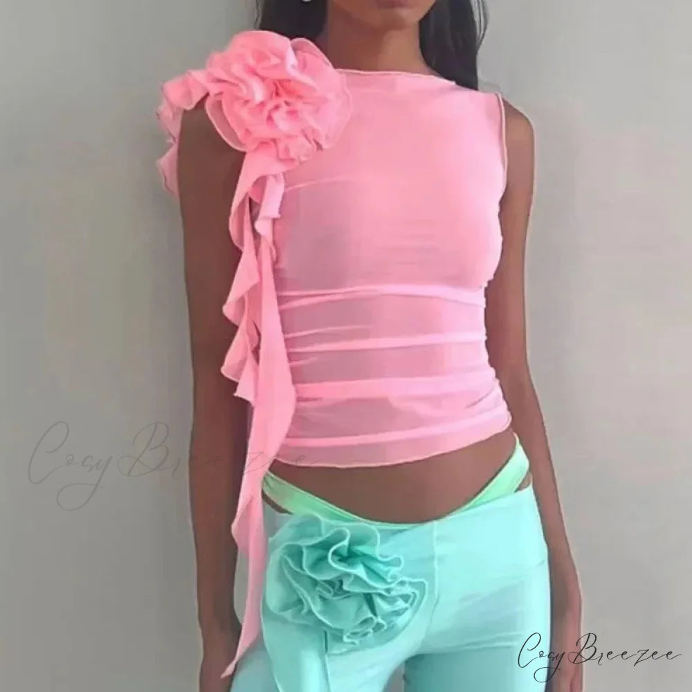 Baby Pink Babydoll Satin Ribbon Bowknot Fairy Sleeveless Y2K Crop Top Pink / S croptop-250126