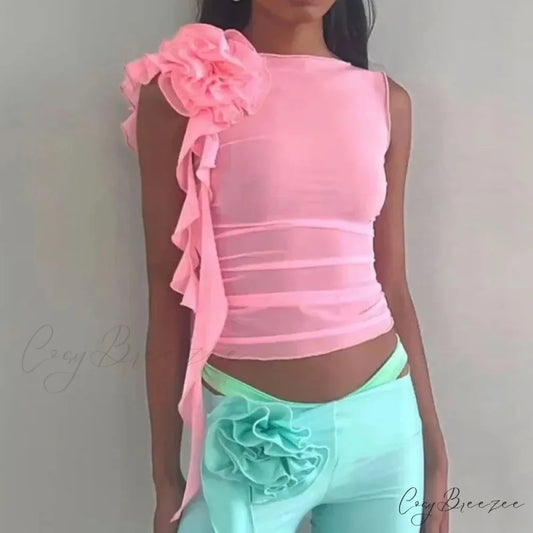 Baby Pink Babydoll Satin Ribbon Bowknot Fairy Sleeveless Y2K Crop Top Pink / S croptop-250126