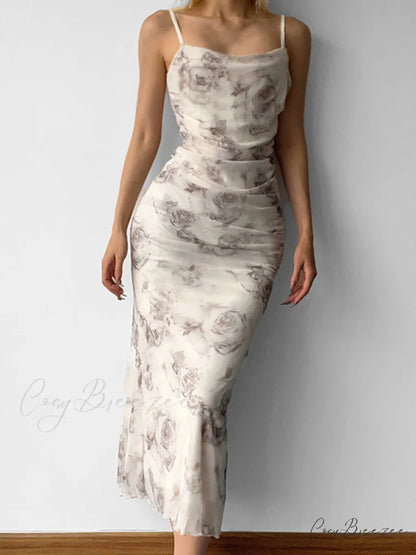 Back Slit Velvet Trendy Halter Maxi Dress Beige / S